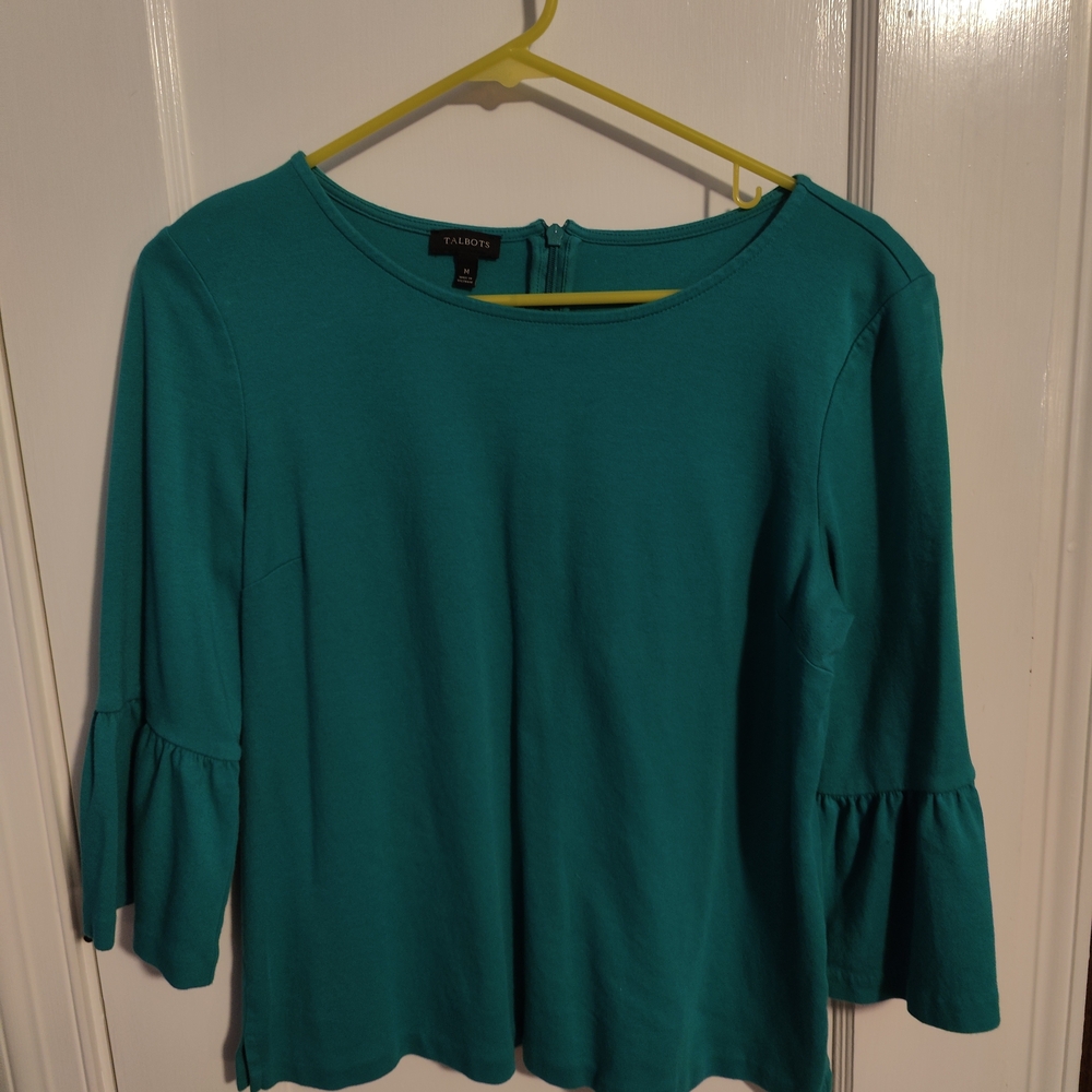 Talbots Green Ruffled Bell Sleeve Blouse